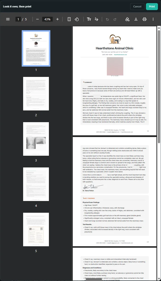 Print preview of the five-page discharge on Hearthstone Animal Clinic letterhead