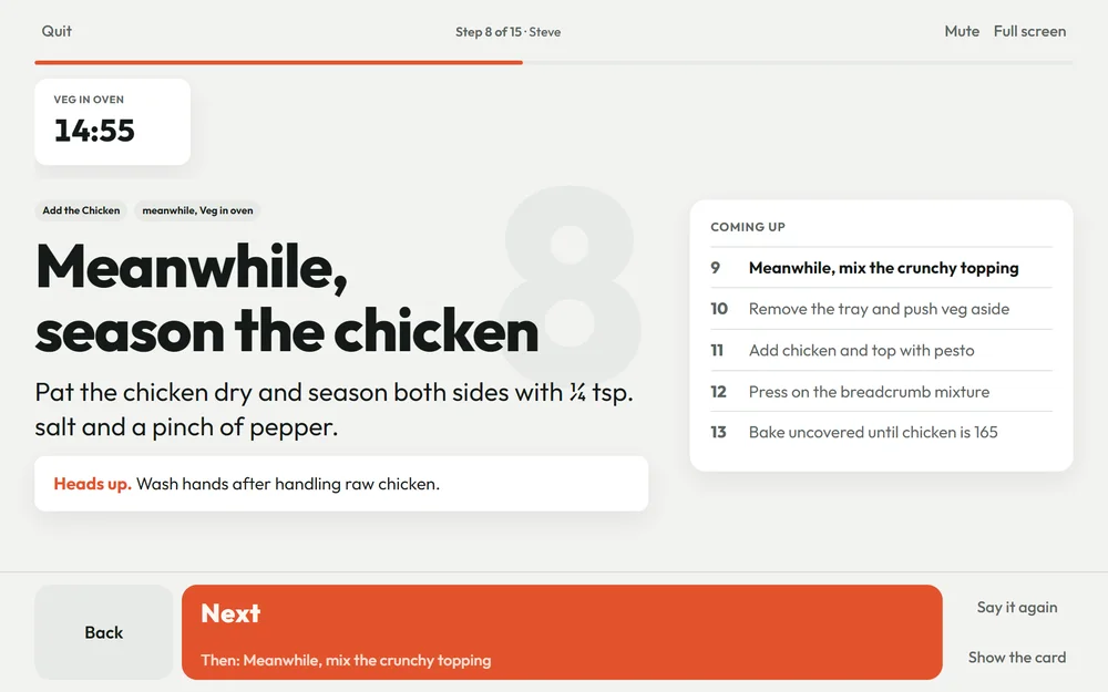 Home Chef Fun: A cook-along for meal kit night. Snap both sides of a Home Chef card, Claude puts the steps in the order you'd actually cook them, and it talks you through dinner one step at a time with the timers running. It's behind a household PIN, so there's nothing to try from here.