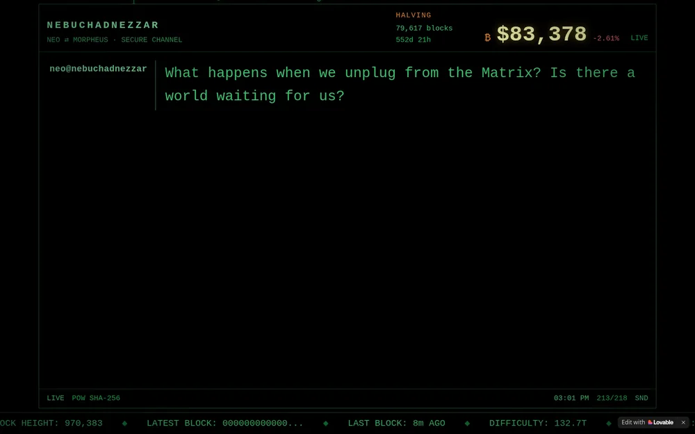 Bitcoin Matrix: Bitcoin explained as a conversation between Neo and Morpheus, with the live price, the halving countdown and the current block ticking underneath. Built because I wanted to see whether I could.