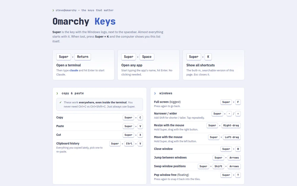 Omarchy keys: A printable keyboard cheat sheet for my Linux desktop. Took twenty minutes and I use it weekly.